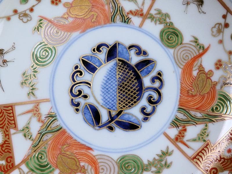 古伊万里　金襴手　松竹梅に鶴亀の図　５寸半皿　５枚　A915AS-CXd