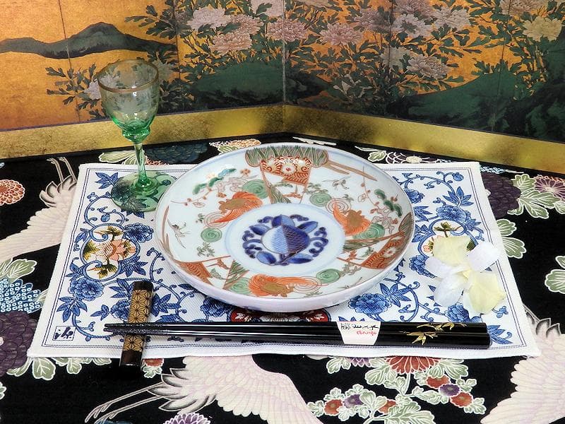 古伊万里　金襴手　松竹梅に鶴亀の図　５寸半皿　５枚　A915AS-CXd