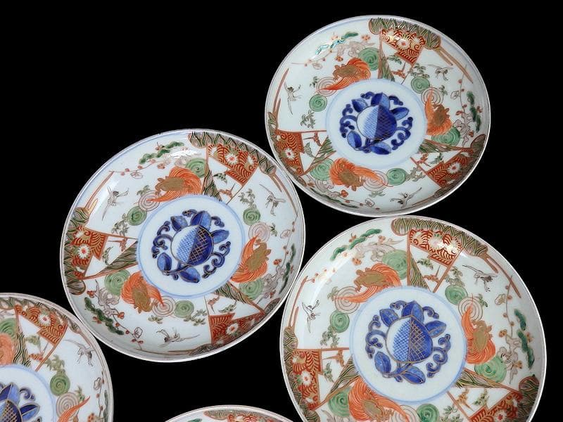 古伊万里　金襴手　松竹梅に鶴亀の図　５寸半皿　５枚　A915AS-CXd