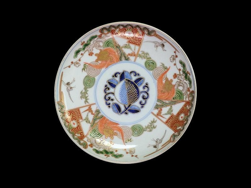 古伊万里　金襴手　松竹梅に鶴亀の図　５寸半皿　５枚　A915AS-CXd