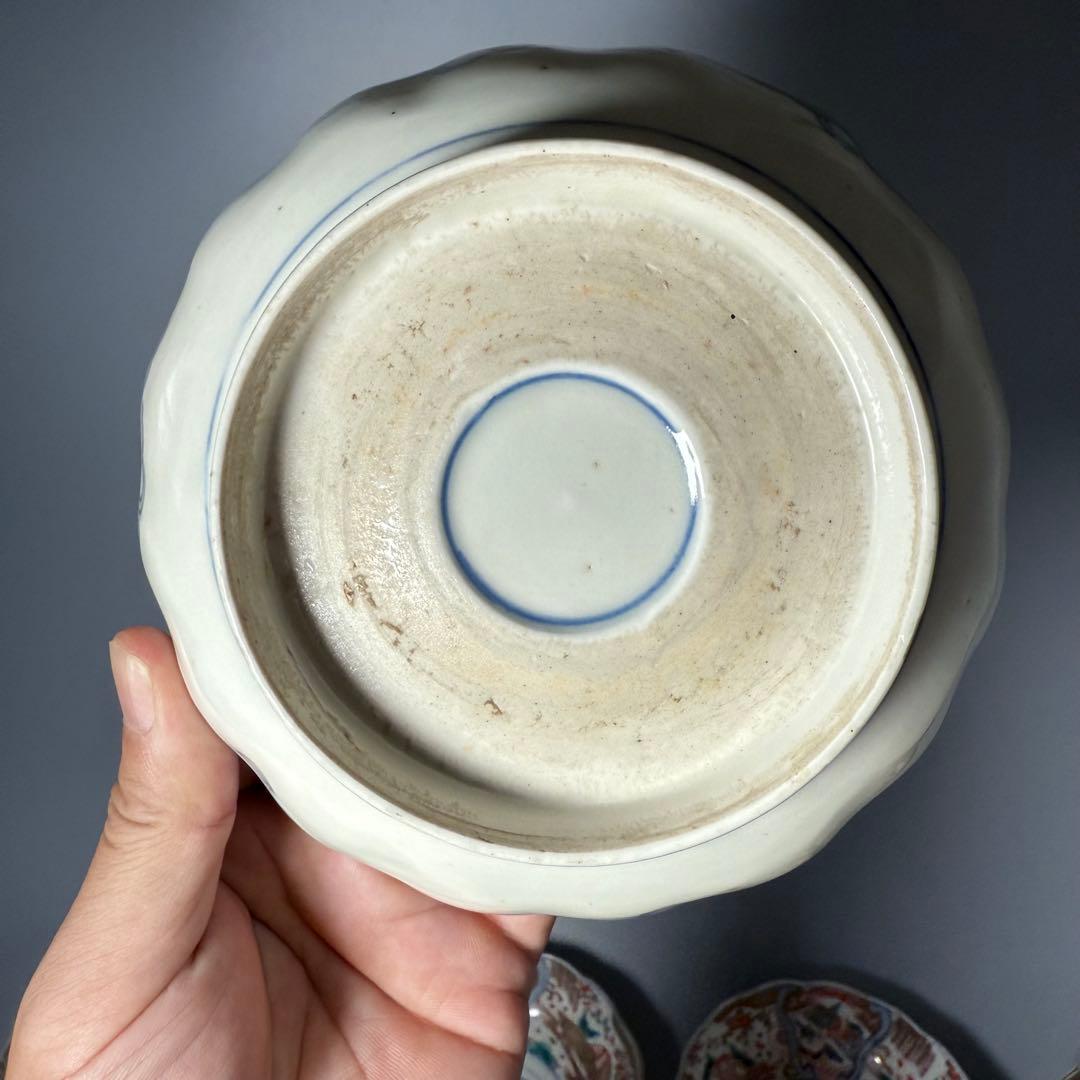 古伊万里　色絵千鳥文膾皿　12客　松　梅　蝶　魚　鹿の目　金蘭手　直径15cm