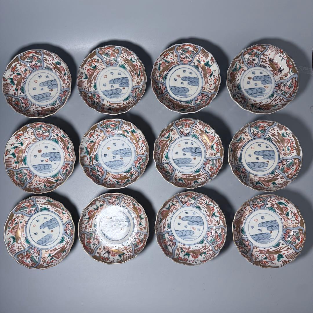 古伊万里　色絵千鳥文膾皿　12客　松　梅　蝶　魚　鹿の目　金蘭手　直径15cm