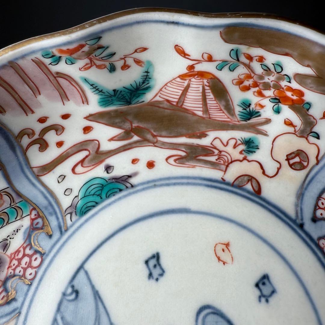 古伊万里　色絵千鳥文膾皿　12客　松　梅　蝶　魚　鹿の目　金蘭手　直径15cm