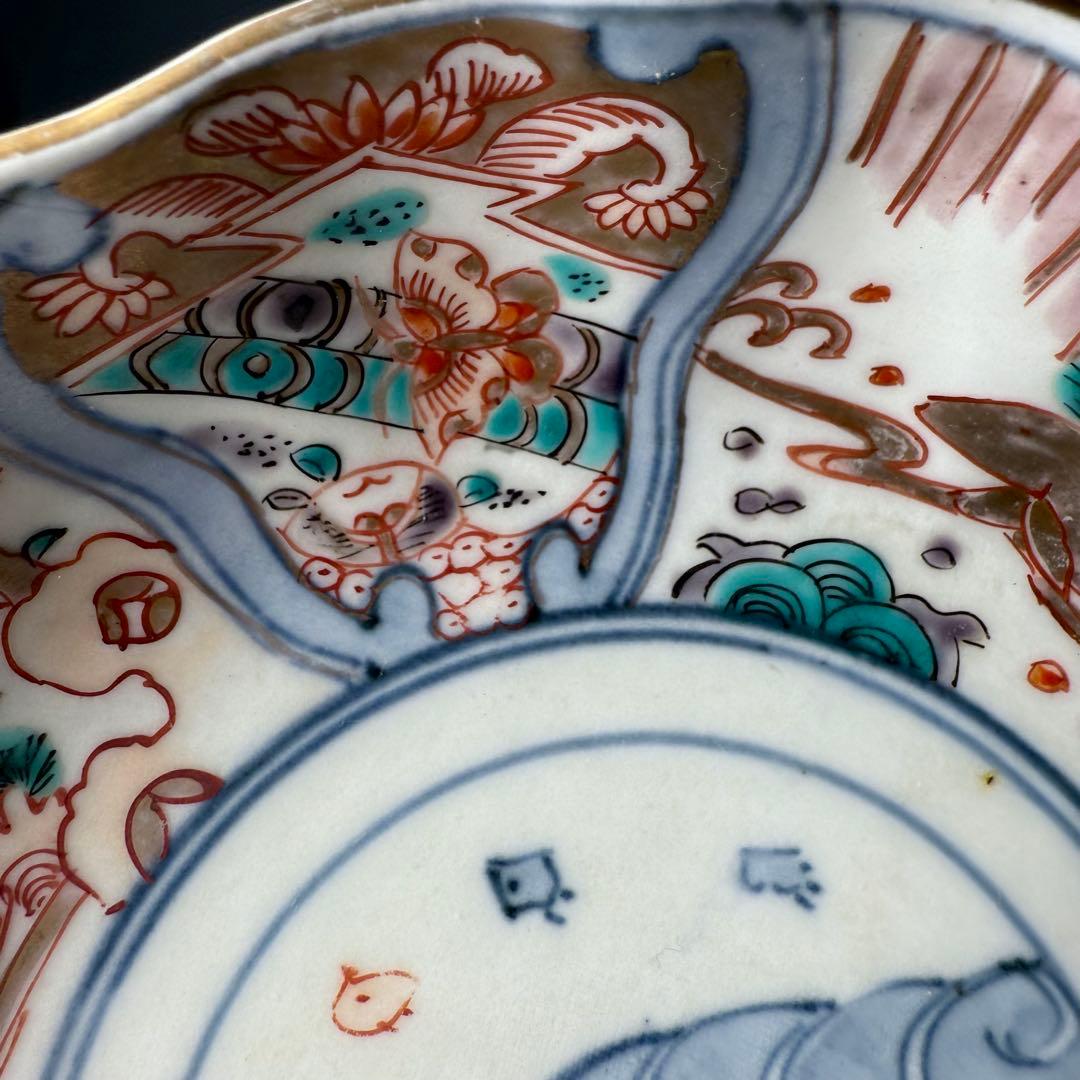 古伊万里　色絵千鳥文膾皿　12客　松　梅　蝶　魚　鹿の目　金蘭手　直径15cm