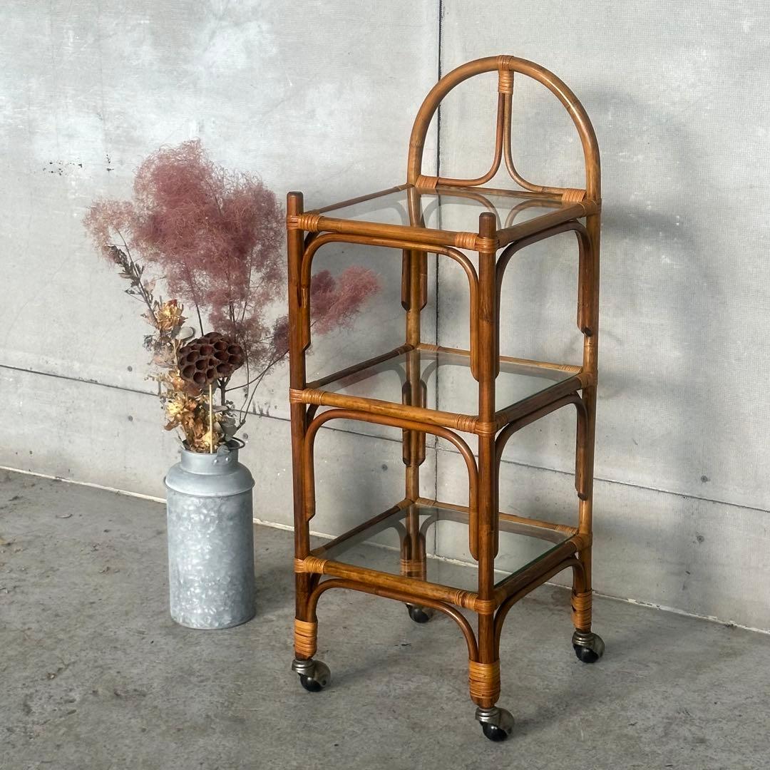 ꧁70s-80's ꧂オールドラタン シェルフ ガラスラック ミッドセンチュリー