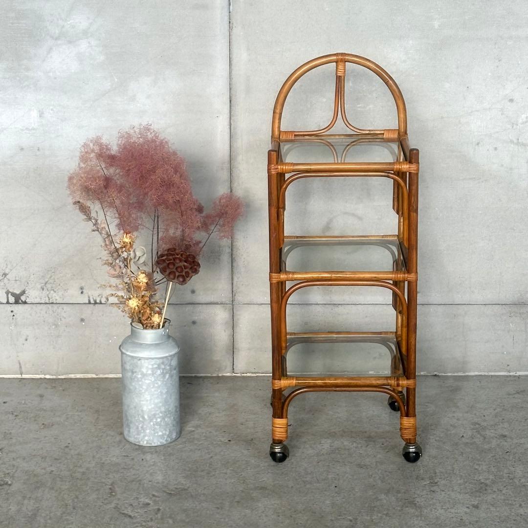 ꧁70s-80's ꧂オールドラタン シェルフ ガラスラック ミッドセンチュリー