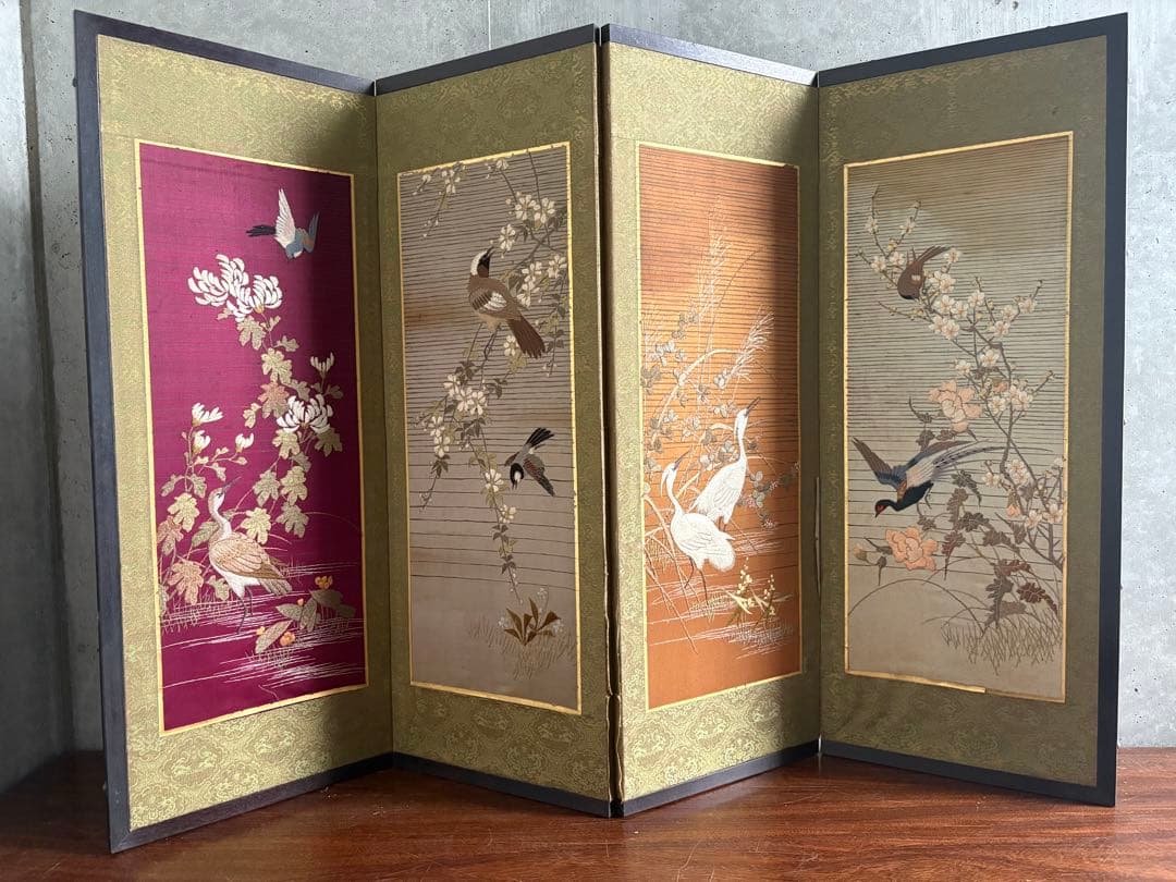 刺繍　屏風　花鳥画