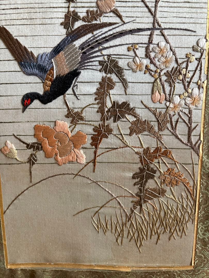 刺繍　屏風　花鳥画