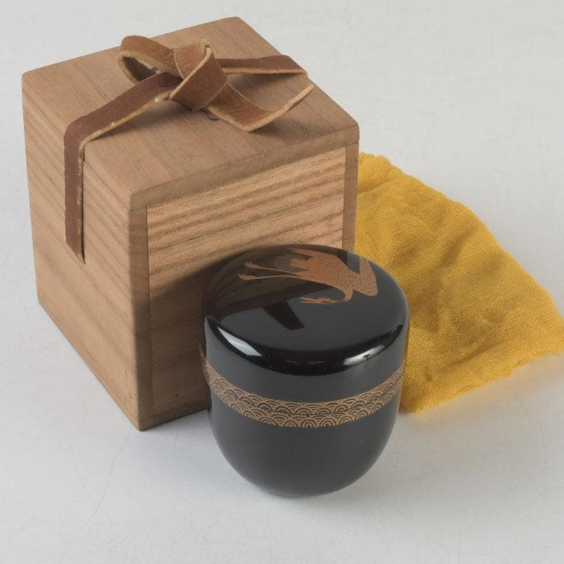 茶道具　黒漆　鶴蒔絵　中棗　共箱　V　9690