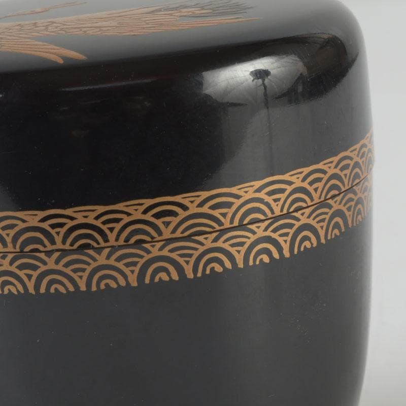 茶道具　黒漆　鶴蒔絵　中棗　共箱　V　9690