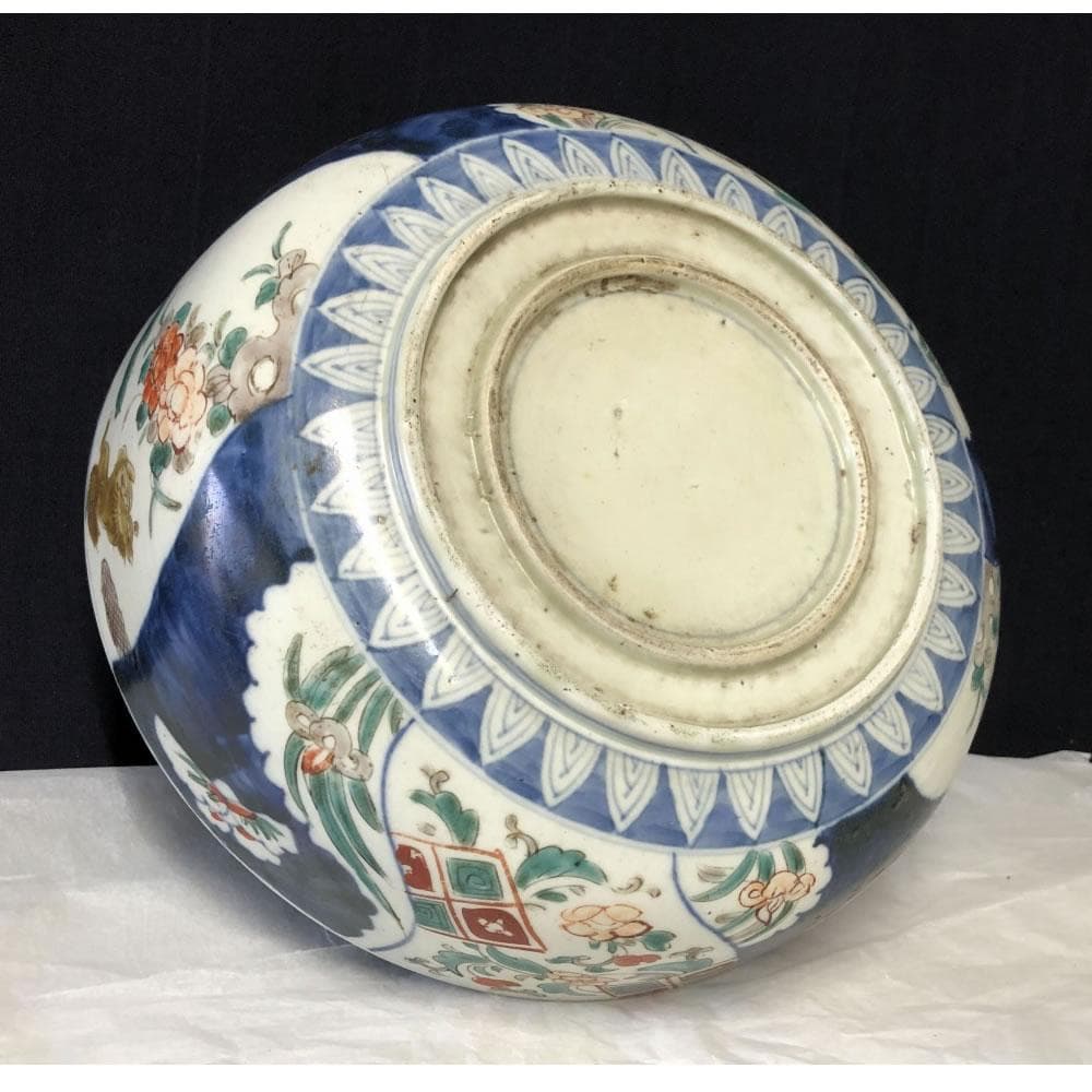 e2380 古伊万里 色絵 鉢 口径26cm 二重高台