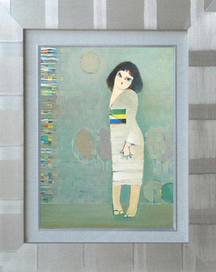 油絵 絵 絵画インテリア 額付(青緑＋金色の枠) F6-050113 人物女性像