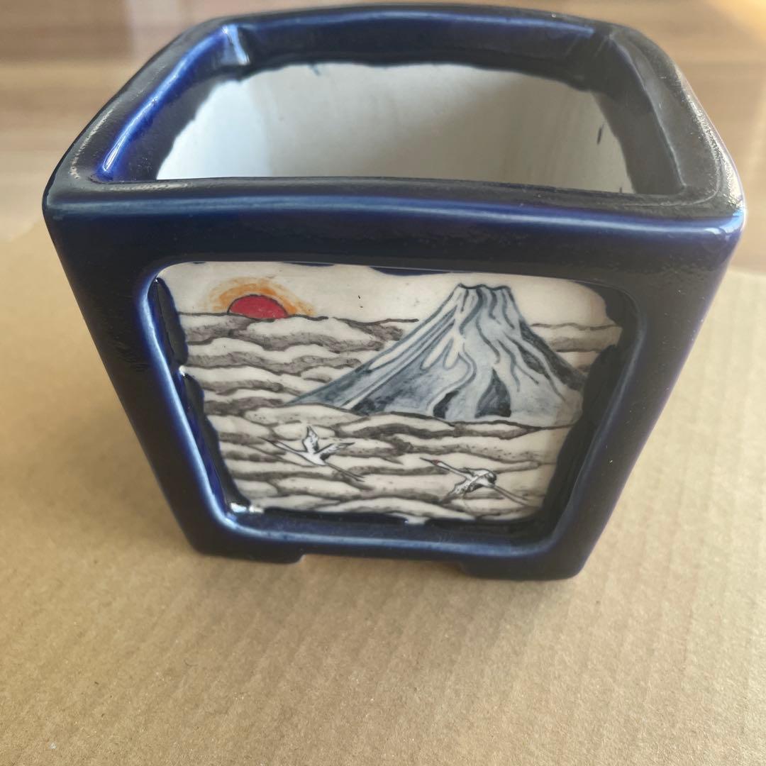盆栽鉢　桑津香石　絵鉢　鶴　日の出　富士山　鳥　山野草　落款印
