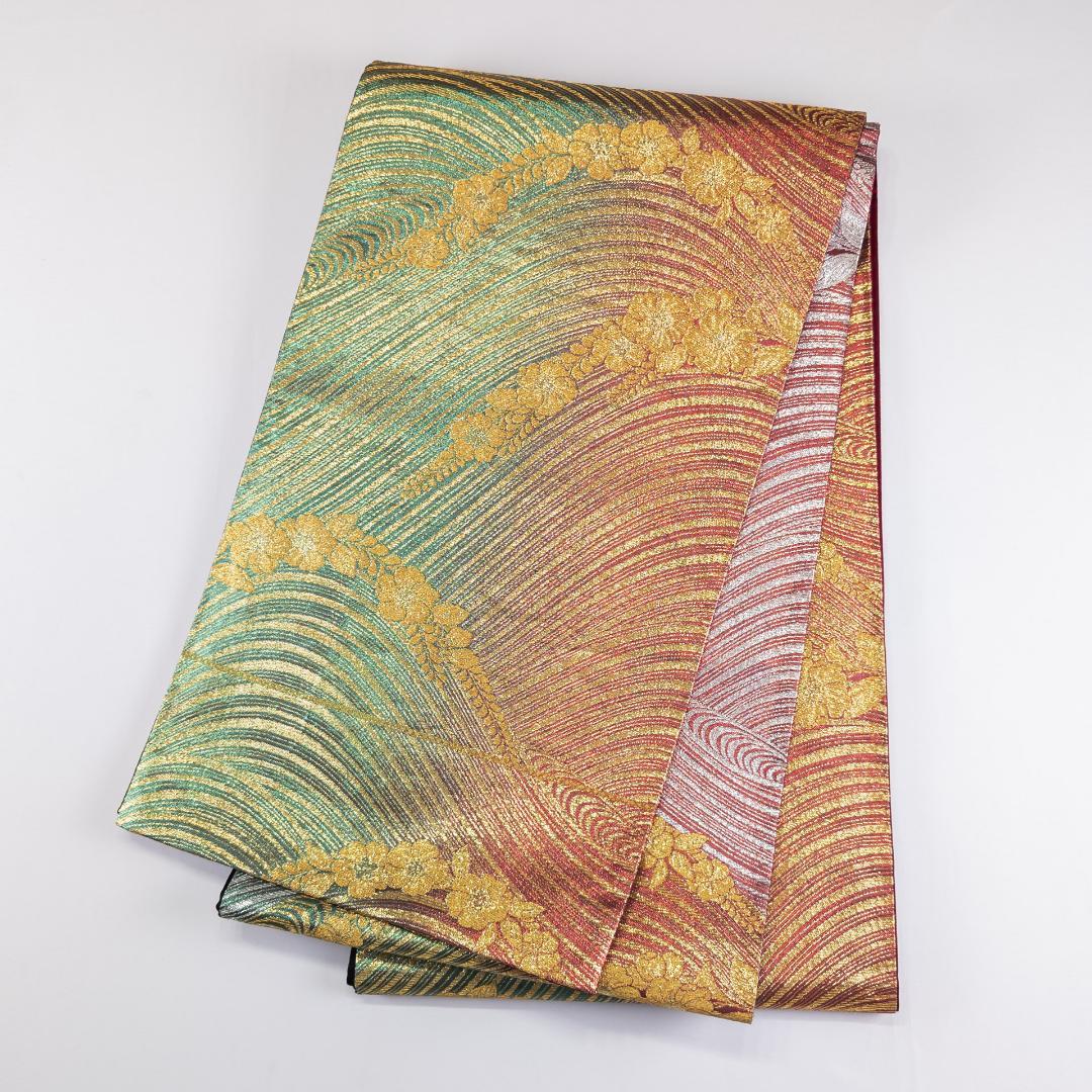 R7SK1473 袋帯 振袖用 礼装用 波 草花 全通柄 ゴールド シルバー