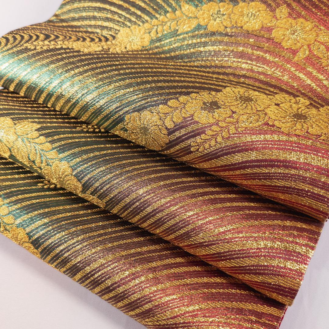 R7SK1473 袋帯 振袖用 礼装用 波 草花 全通柄 ゴールド シルバー