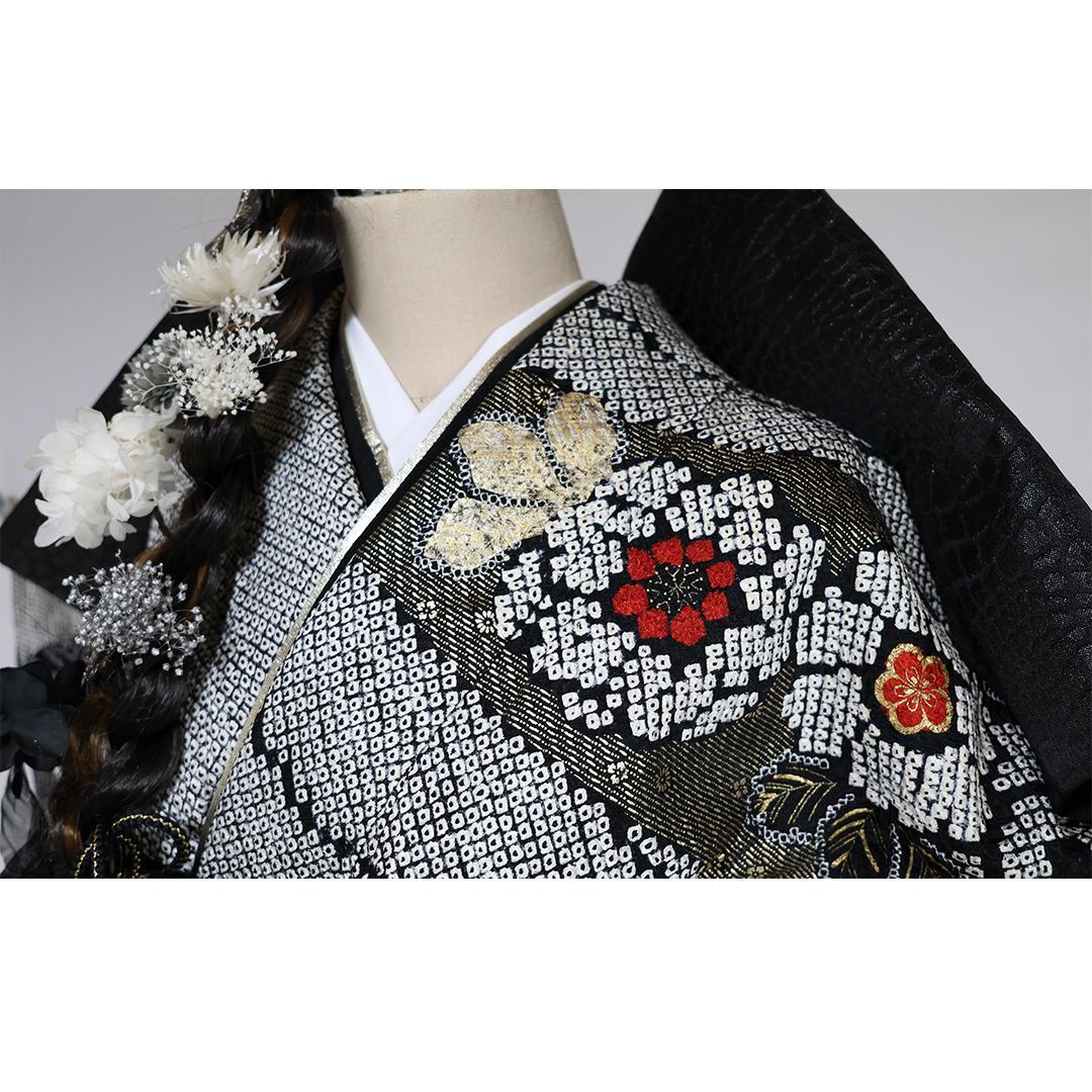 総絞り！◆ 振袖セット ◆165.5cm帯小物付黒白フルセットKS13