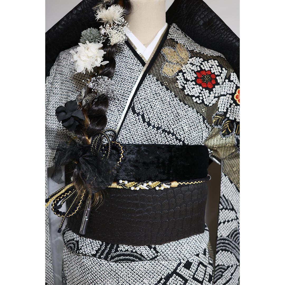 総絞り！◆ 振袖セット ◆165.5cm帯小物付黒白フルセットKS13