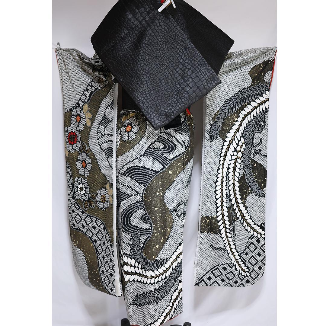 総絞り！◆ 振袖セット ◆165.5cm帯小物付黒白フルセットKS13