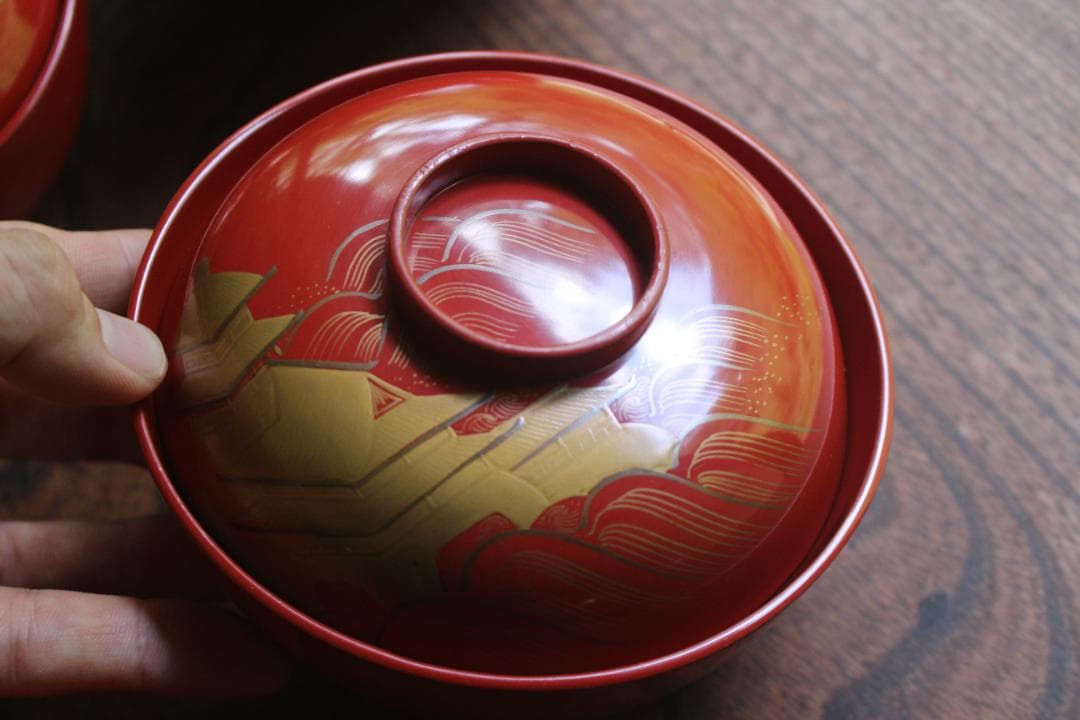 絵柄選択可！時代朱漆に優美な絵替風物蒔絵の映えるお椀8点（検輪島塗蒔絵椀