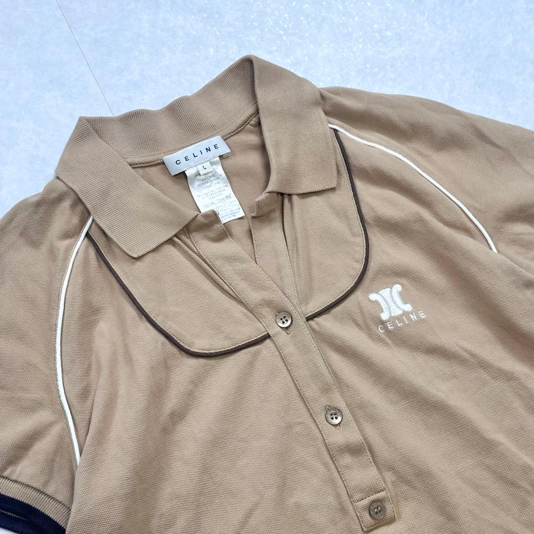 【美品】CELINE ロゴ刺繍 ポロシャツ キャメル サイズL