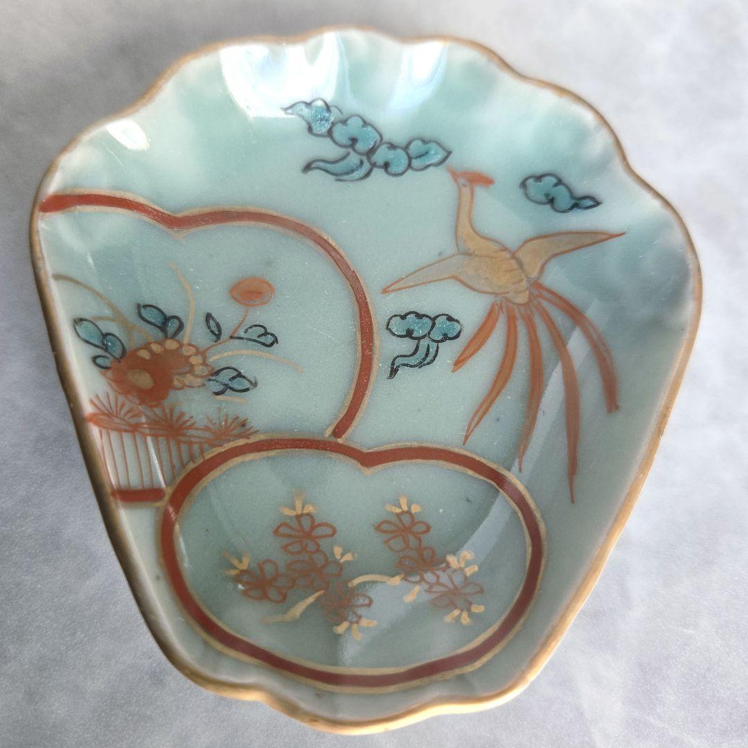 古伊万里　青磁　変形　小皿　豆皿　貝　赤絵　金彩　江戸時代　金直し　金継ぎ　骨董