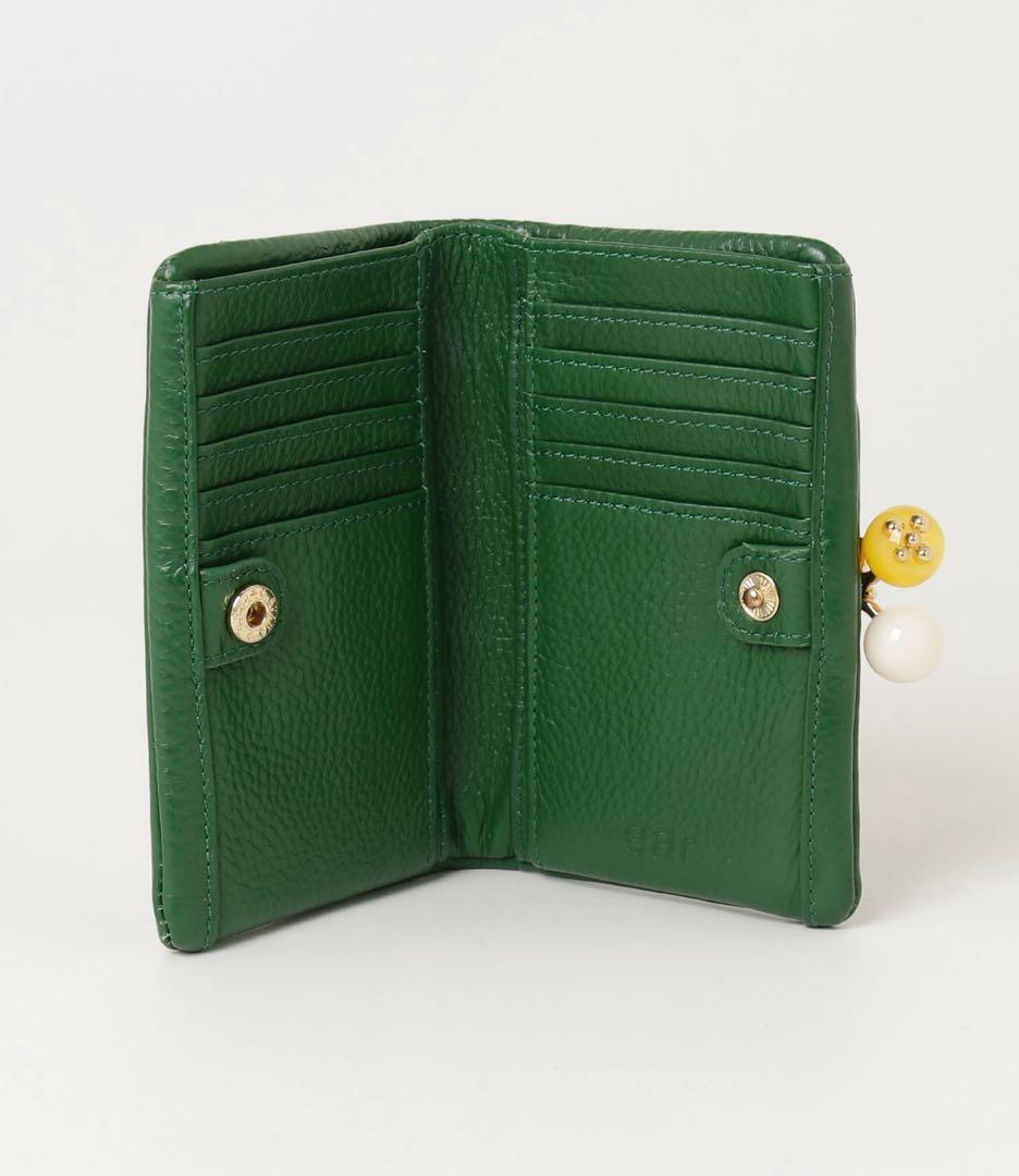 超美品【ear PAPILLONNER牛革がま口二つ折り財布】WEB限定グリーン