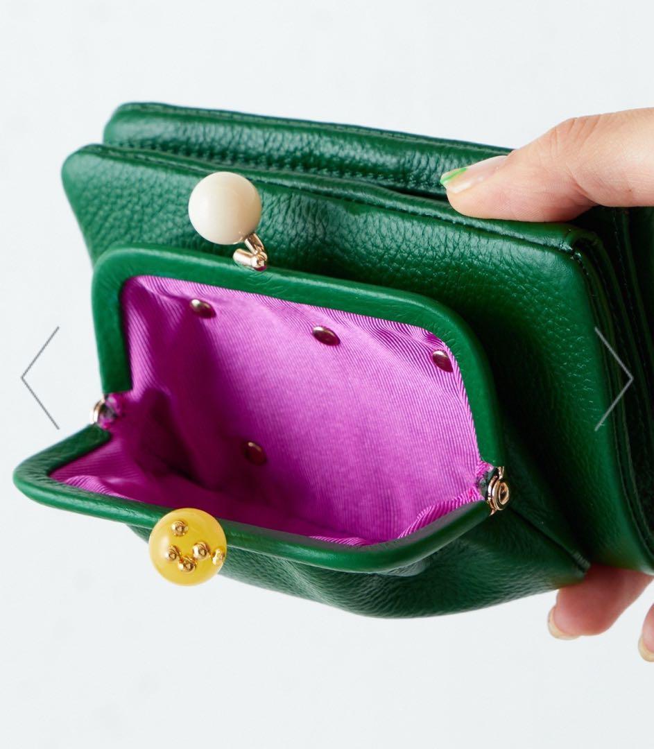 超美品【ear PAPILLONNER牛革がま口二つ折り財布】WEB限定グリーン