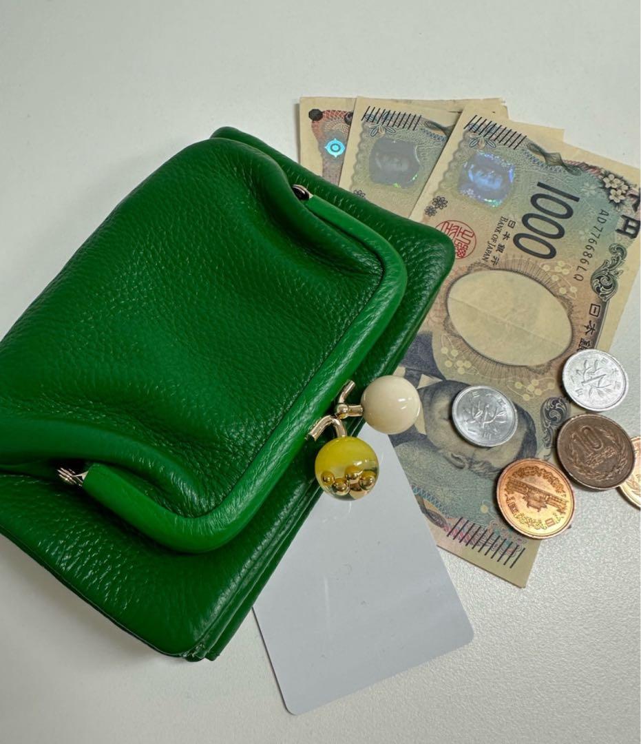 超美品【ear PAPILLONNER牛革がま口二つ折り財布】WEB限定グリーン