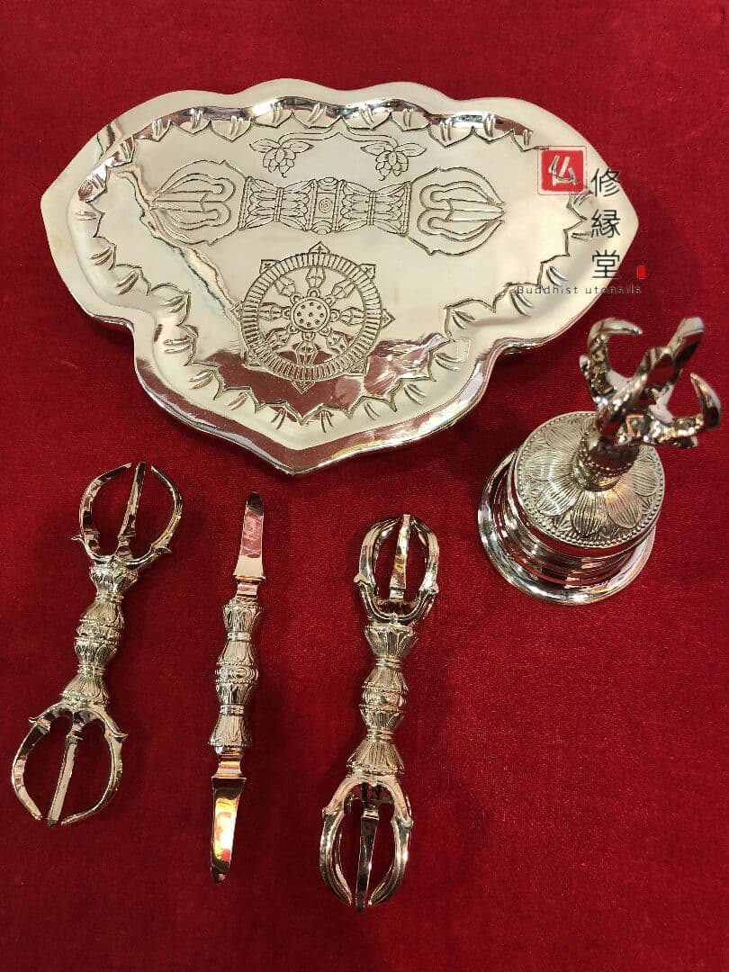 密教法具 真言宗 法器セット（大）金剛鈴·金剛盤·独鈷杵·三鈷杵·五鈷杵 真鍮製