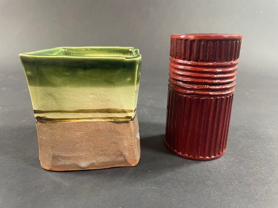 17 最終値下げ　和田鱗司 陶板入 唐物入 莨盆 共箱 竹網 煙草盆 竹工芸