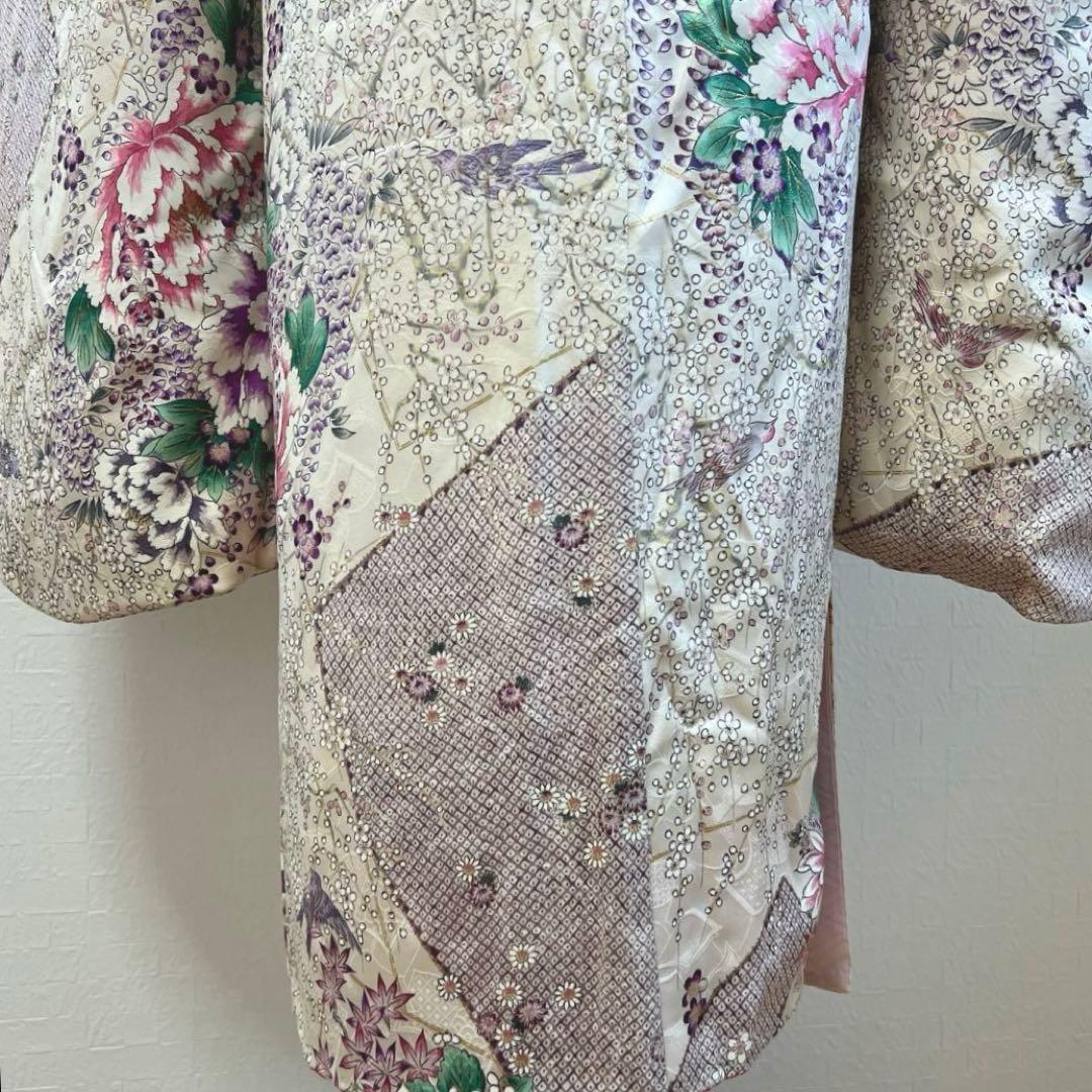 475 振袖フルセット 正絹 オフホワイト 薄紫 金彩 手描き 比翼仕立て 上品