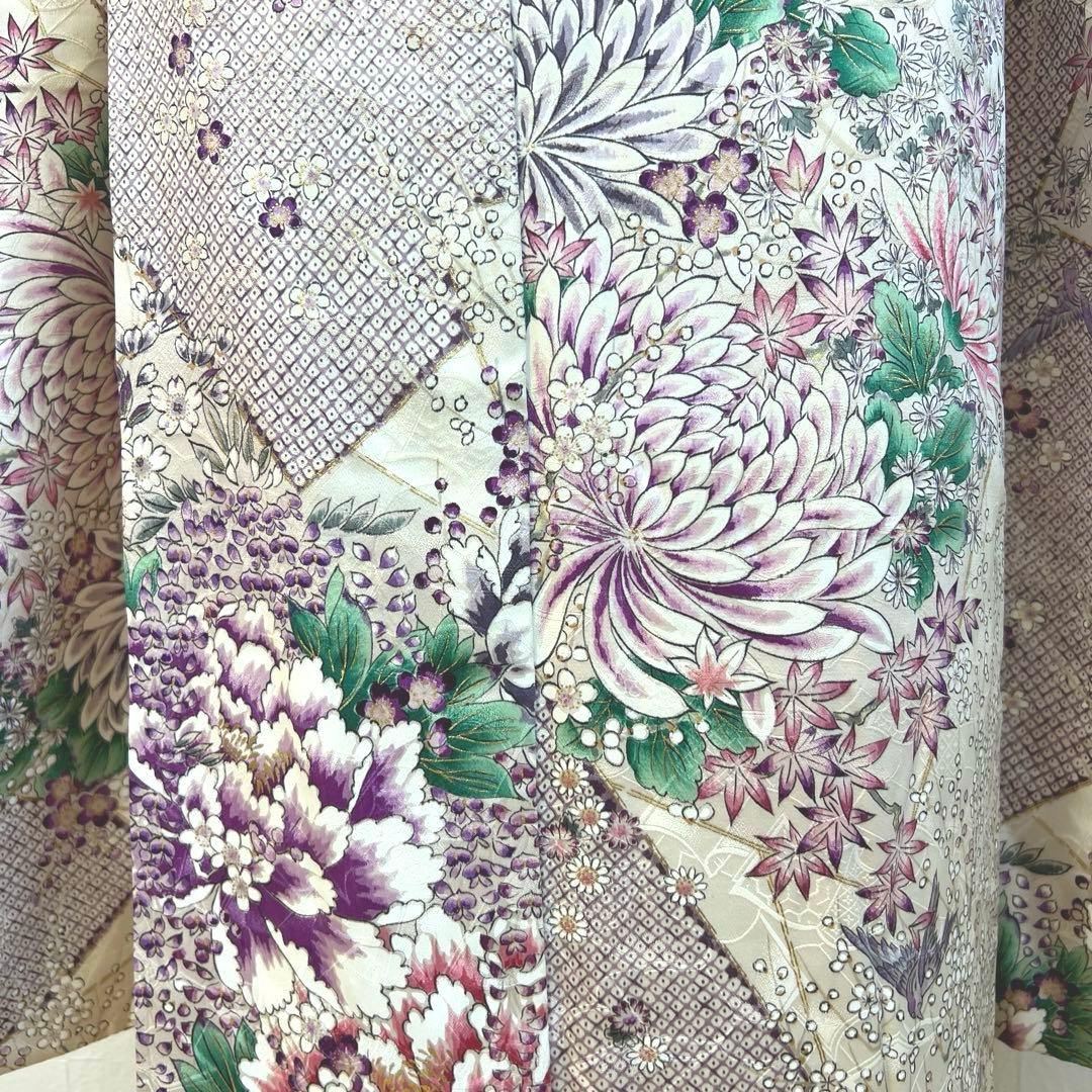 475 振袖フルセット 正絹 オフホワイト 薄紫 金彩 手描き 比翼仕立て 上品