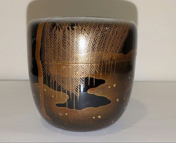 『柳橋蒔絵　棗』宗水作　茶道具　共箱共布　清水宗水　内銀溜塗　輪島塗　金