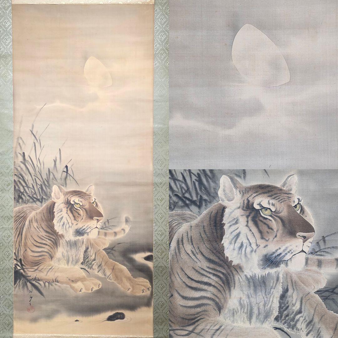【月下に猛虎図】高原雅洲 2713 トラ 掛け軸 肉筆