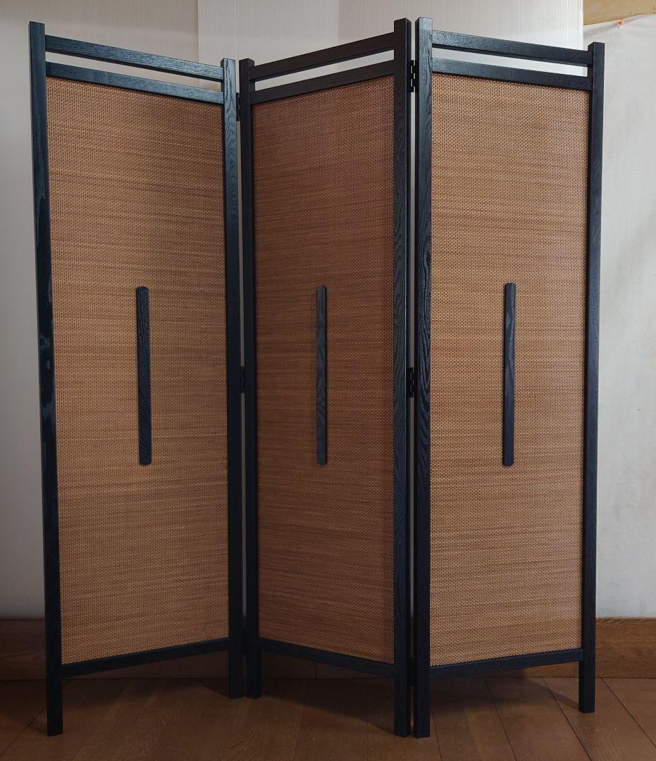 １台限定#3連限定パーテーション　フレームブラック燻し竹衝立　限定スクリーン