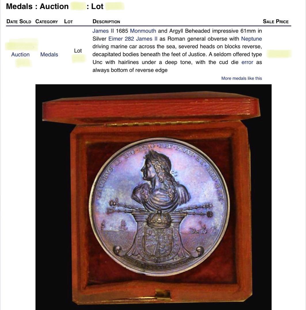 ジェームズ2世1685年 ダークトーン　大型シルバーメダル