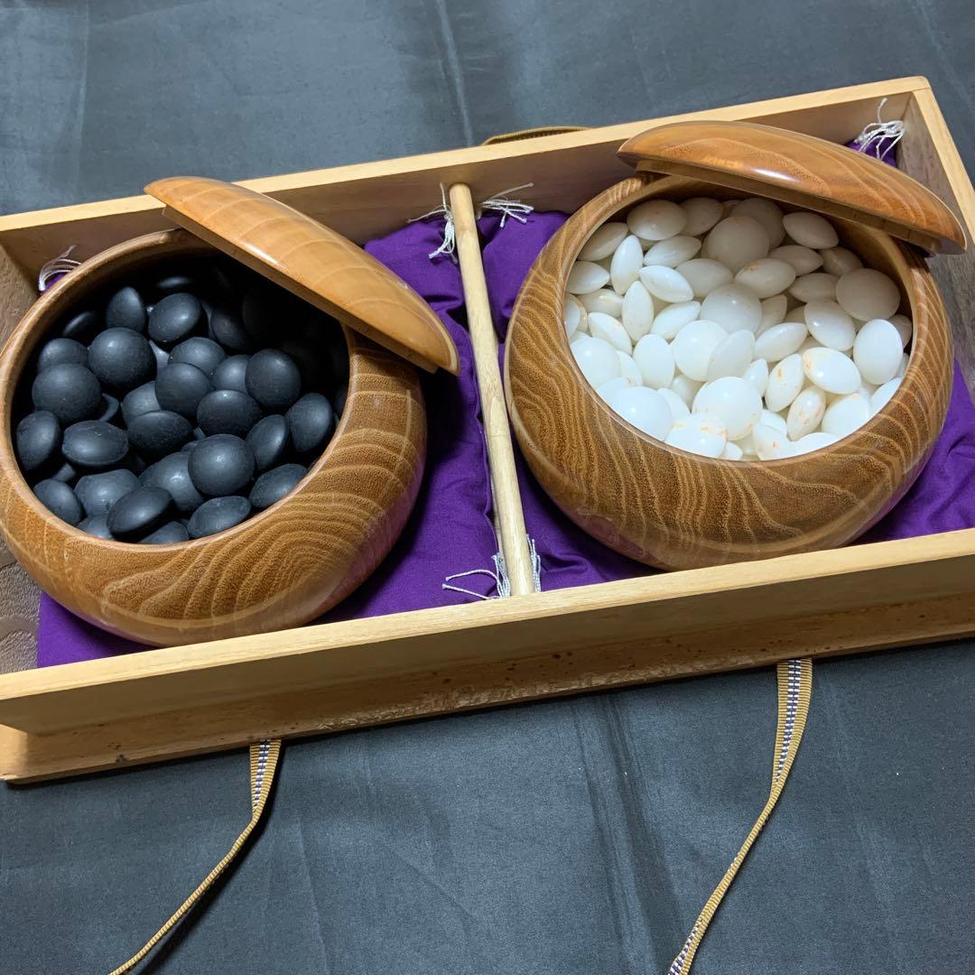 囲碁 黒白石 大理石 木製碁石入れ