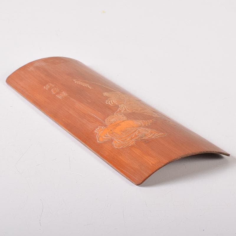 中国　古竹細工　唐子彫　茶合　腕鎮　臂擱　在銘　C　8332E