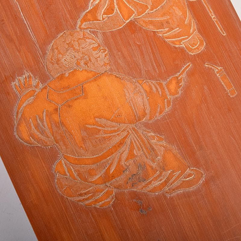 中国　古竹細工　唐子彫　茶合　腕鎮　臂擱　在銘　C　8332E