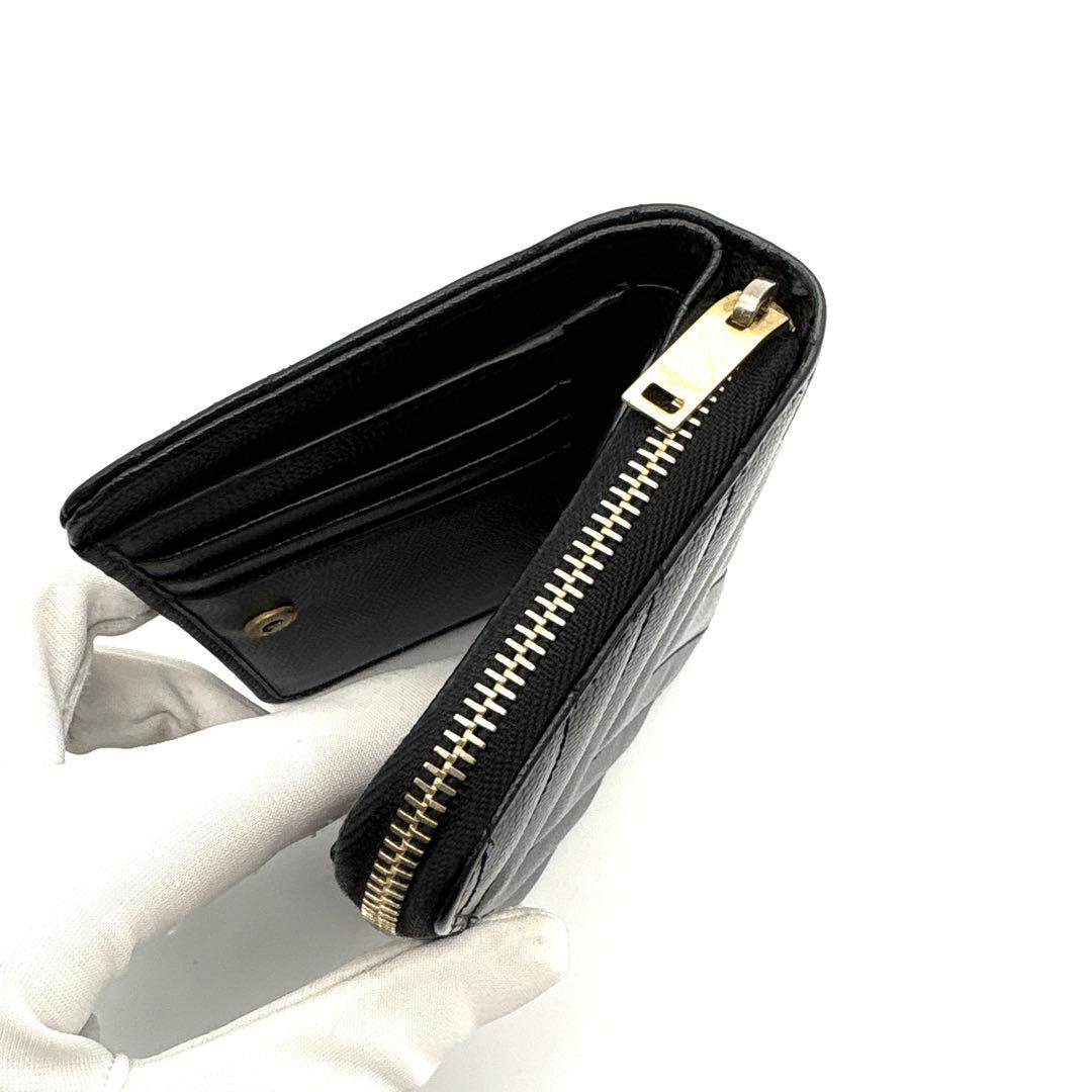 極美品◆サンローラン 二つ折り財布 キャビアスキン カサンドラ ブラック