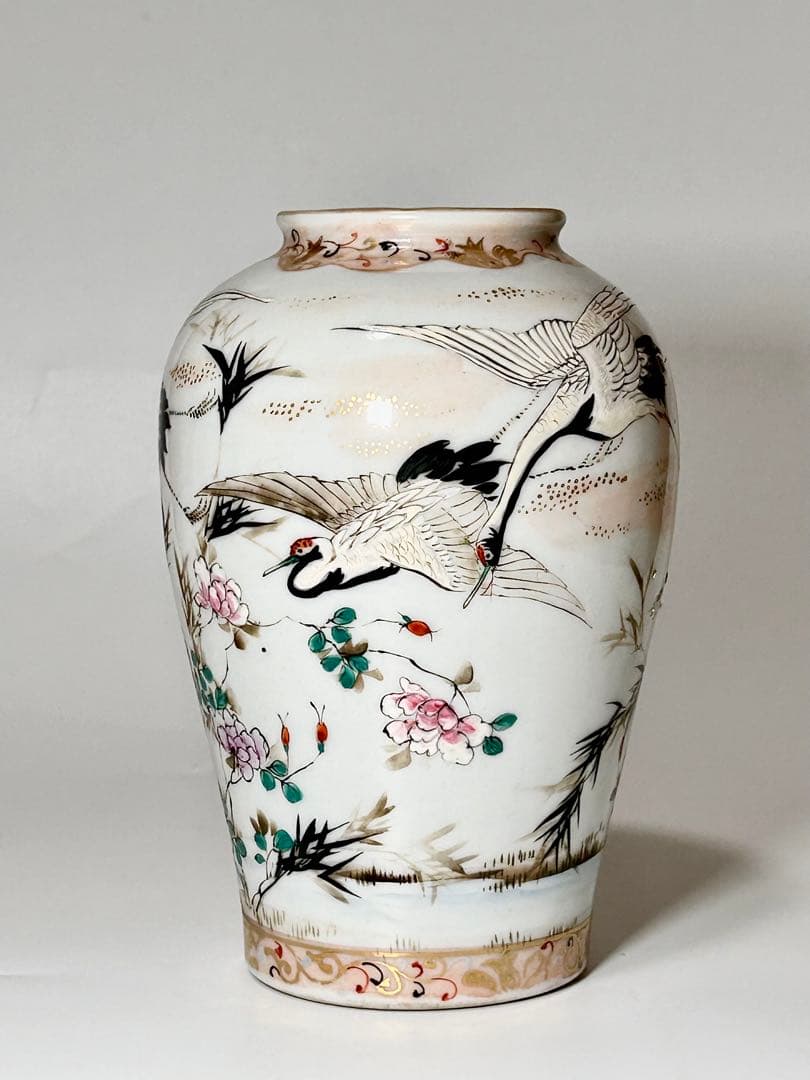 明治瀬戸の名工 加藤繁十 桃花園画 上絵飛鶴文花瓶 其の弍 名古屋絵付 瀬戸