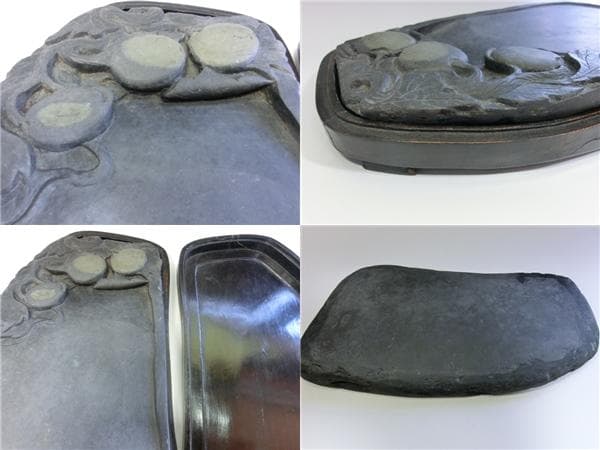硯■古い瓜型すずり 大きい硯 書道道具 唐木箱 大振り 古美術 時代物 骨董品■