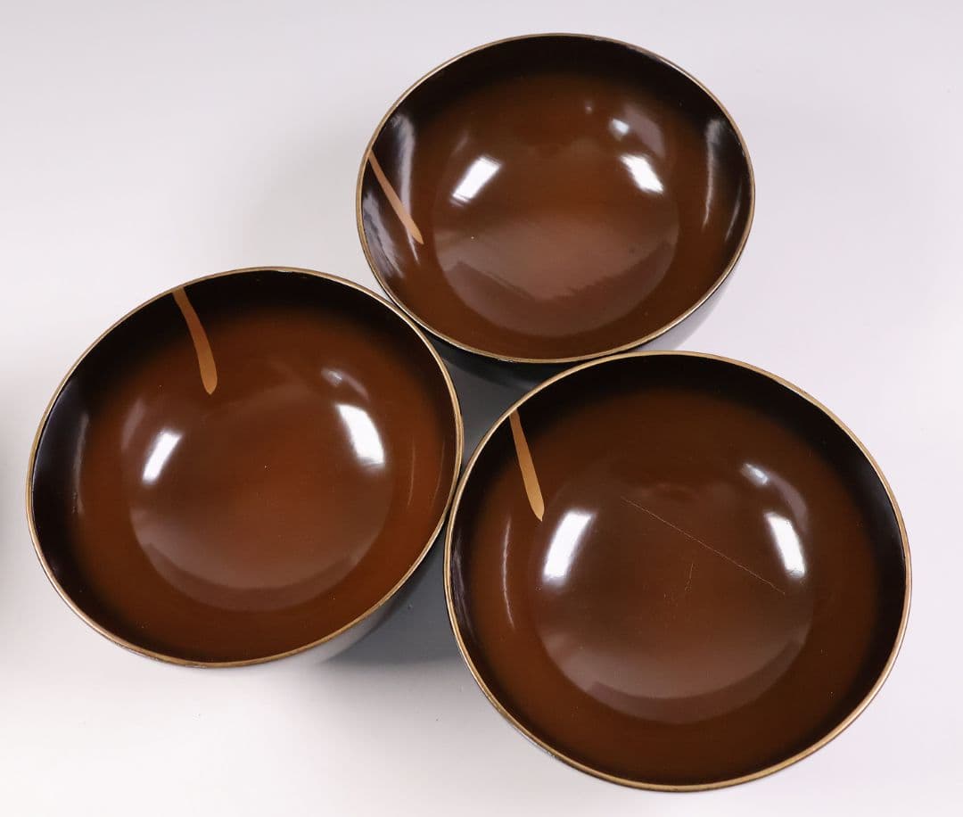 【CM415】訳あり 時代輪島 蝶と牡丹 黒塗椀 三客 天然木漆塗 明治大正