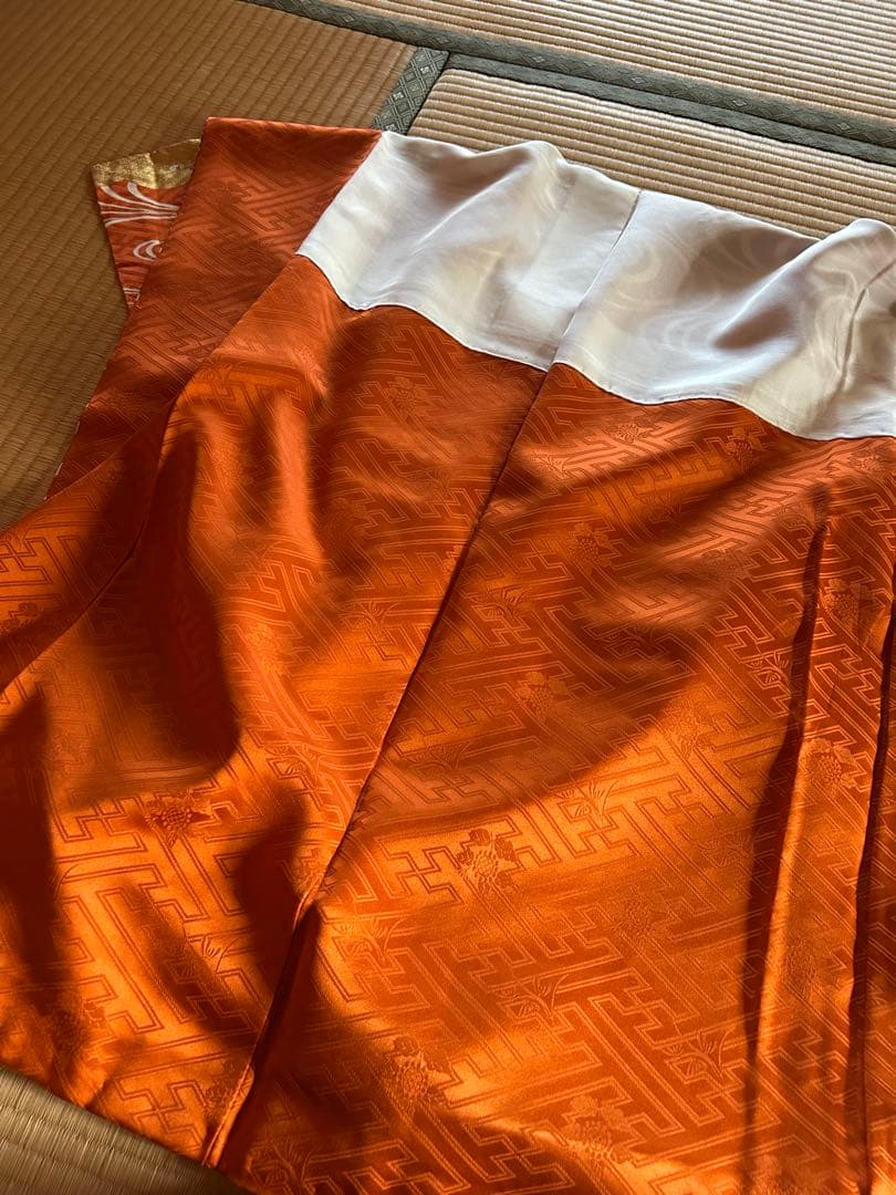 振袖 オレンジ 波模様 花柄　金