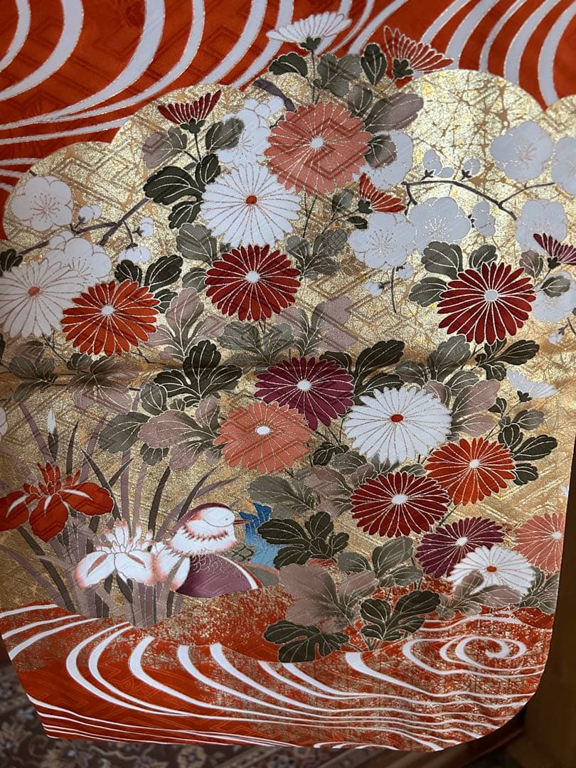 振袖 オレンジ 波模様 花柄　金