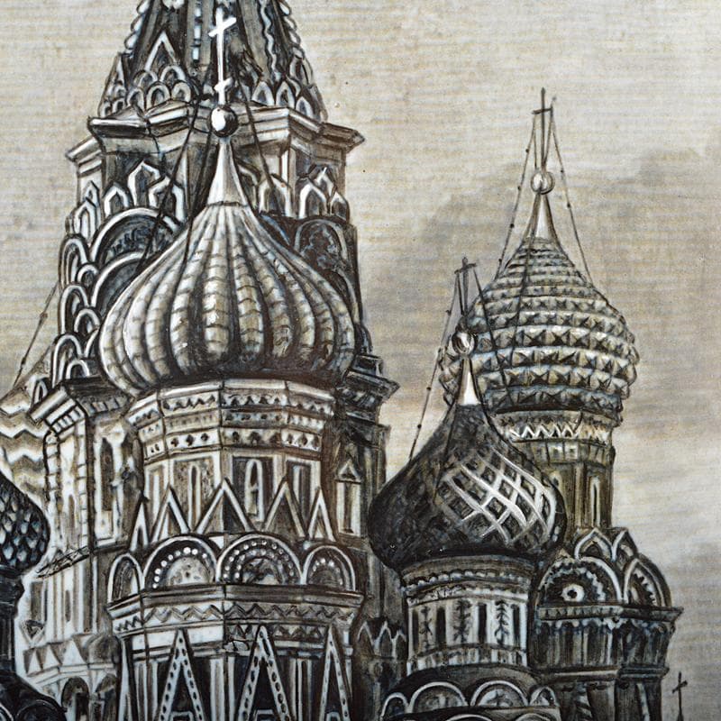 西洋美術　19世紀後半　聖ワシリィ大聖堂図　ロシア製　七宝絵　額装　VR5956