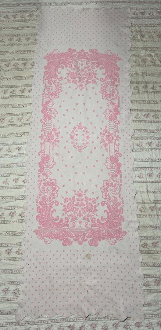 ヴィンテージアンティーク布　ピンク　水玉　テーブルクロス