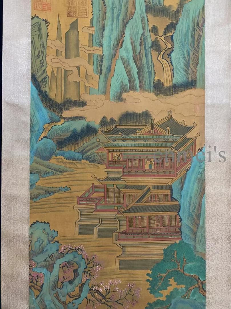 中国古美術 唐代 李思訓款 山水画 掛軸 絹布 肉筆 唐物 書道 古画 收藏逸品