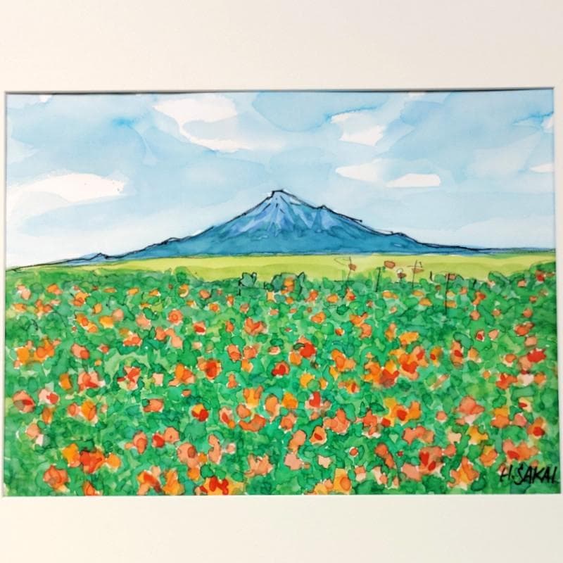 ☆ 境　肇 ☆「えぞスカシユリ咲く 利尻富士」水彩画　大衣　新品額！