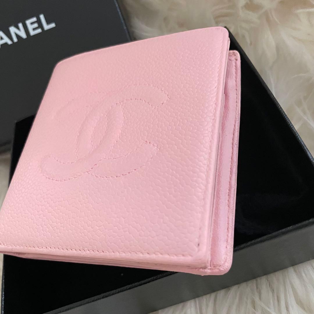 希少 シャネル キャビアスキン デカココ 二つ折り財布 ピンク CHANEL